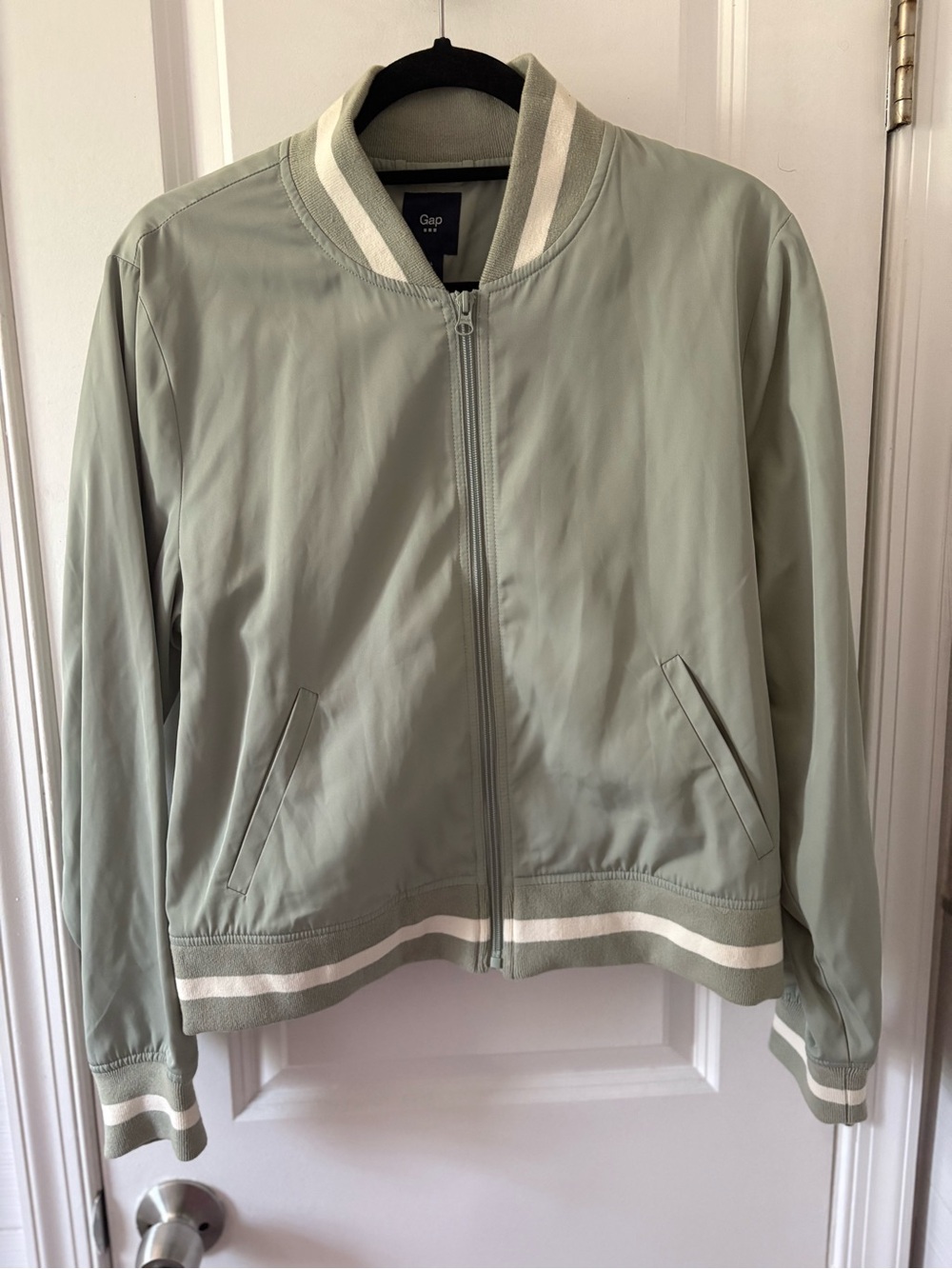GAP Sage Green Bomber Jacket with Cream Striped Rib Trim